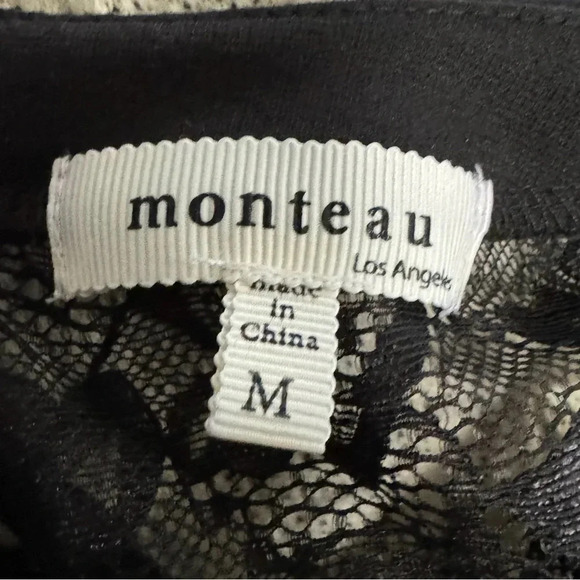 MONTEAU Cream Sweater Dress Black Lace Neckline Buttons Elbow Sleeve Size Medium - Picture 6 of 7